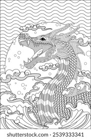 Dragon in water waves Beautiful adult coloring book White and black Vector