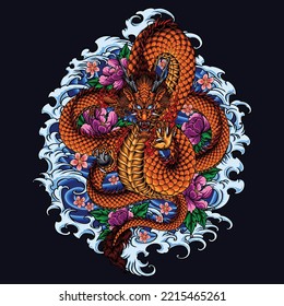 dragon with waves and flowers background vector illustration