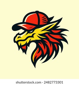 dragon wearing a baseball cap, red and yellow dragon sports vector logo design