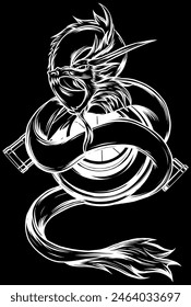 Dragon in white line on black background