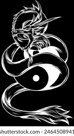 dragon in white line on black background
