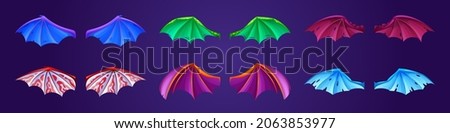 Dragon wings different colors isolated on background. Vector cartoon set of cute leather wings of bat, fantasy animal or monster, fairy tale flying creature, devil or vampire