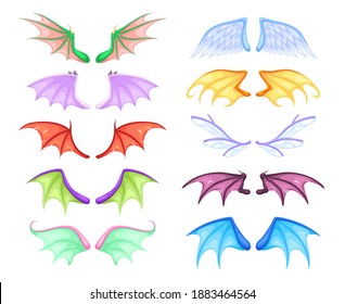 Dragon wings. Different myth and fable creatures pair flying wing, fairy and dragon, angel and demon, bats and birds. Colorful magic decor collection vector cartoon isolated on white background set