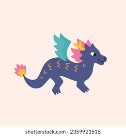 Dragon with wings flat cartoon style. Oriental fantasy animal isolated on beige background. Vector illustration with asian fairytale character. Chinese zodiac sign. New year symbol. 