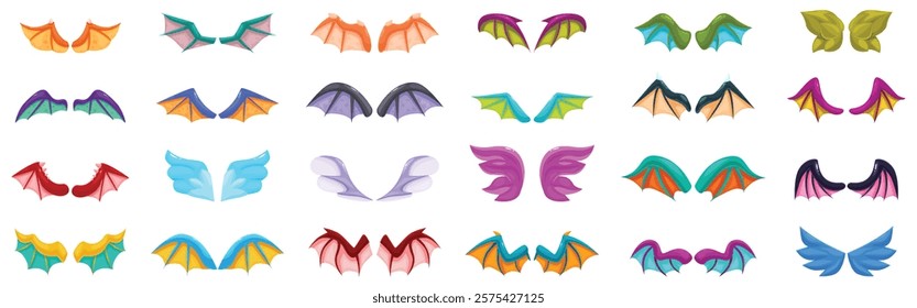 Dragon wings icons set. Cartoon wings set featuring various shapes, colors, and styles, ideal for adding a touch of magic and wonder to games, animations, and creative projects