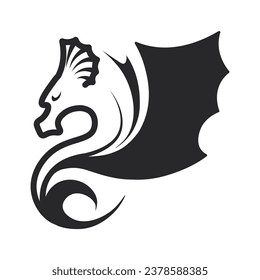 Dragon with wings, large reptilian creature isolated icon. Folklore and mythology of cultures. Black and white animal breathing fire and flames. Monochrome sketch outline. Vector in flat style