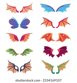 Dragon wings. Magical fairytale wing of dragons bat pegasus or mythical creatures. Isolated fantasy cartoon flying elements, nowaday vector set