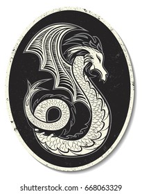 Dragon with wings, mythological creature. Vintage style.