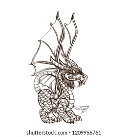 Dragon with wings. Outline vector illustration isolated on white background for tattoos, posters and much more.