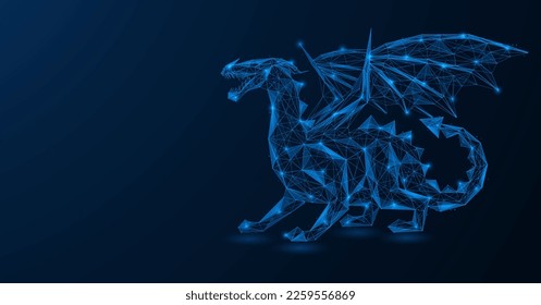 Dragón con alas. Diseño poligonal de elementos interconectados. Fondo azul.