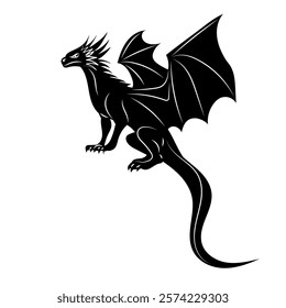 dragon with wings sitting black silhouette vector