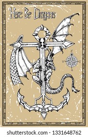 Dragon with wings sitting on the old anchor against texture background in frame. Vector sketch of tattoo fantasy concept and t-shirt design. Graphic line art illustration