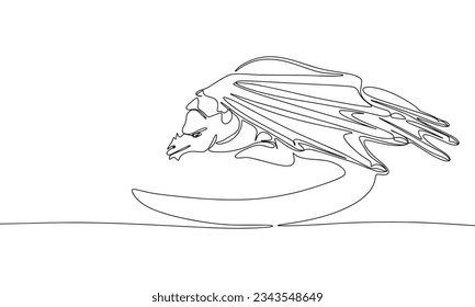 Dragon with wings sleep. One line continuous concept dragon banner. Line art, outline, silhouette, vector illustration.