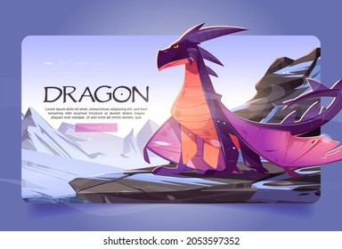 Dragon at winter mountains cartoon landing page. Magic character sitting on rock at snowy landscape background. Cartoon fantasy character, fairytale game, fantasy movie or book Vector web banner