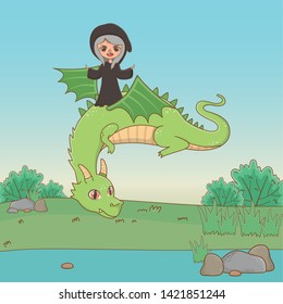 Dragon and witch of fairytale design vector illustration