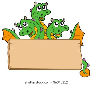 Dragon with wooden sign - vector illustration.