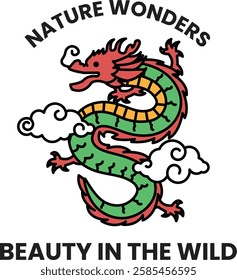 A dragon with the words Nature Wonders on it. The dragon is green and red. The words Beauty in the Wild are below the dragon