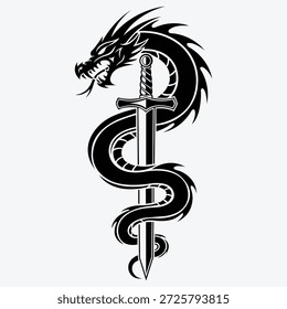 Dragón envuelto alrededor de la espada Ilustración vectorial en blanco y negro con estilo de tatuaje de fantasía, símbolo de fuerza y diseño de emblema de guerrero
