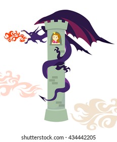 A dragon wrapped around the tower with the princess