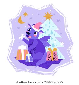 Dragon wrapping presents. Gift giving season. December. Winter Christmas time. Santa hat. Happy New Year. Vector.