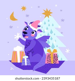 Dragon wrapping presents. Gift giving season. December. Winter Christmas time. Santa hat. Happy New Year. Vector.