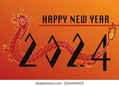 Dragon year 2024 New Year's card Illustration of the Chinese zodiac dragon passing between numbers. Red and orange gradient background.