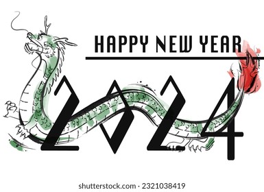 Dragon year 2024 New Year's card illustration of the Chinese zodiac dragon passing through numbers. Ink painting style.