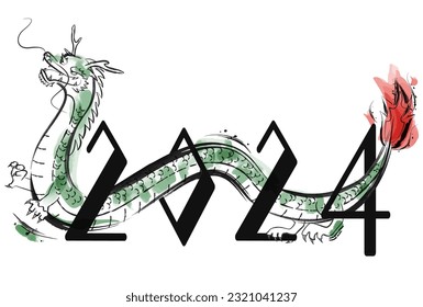 Dragon year 2024 New Year's card  material illustration of the Chinese zodiac dragon passing through numbers. Ink painting style.