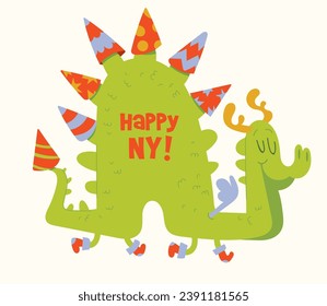 Dragon year. Happy New Year. Colorful cartoon character. Funny vector illustration. Isolated on white background