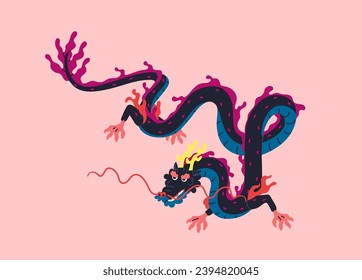 Símbolo del año del dragón. Monstruo zodiaco asiático chino. Hadas de ficción animal oriental. El lagarto de leyenda oriental de estilo moderno. Mascota china, personaje de mitología reptil. Ilustración vectorial plana aislada