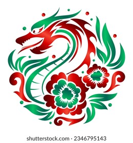 Dragon Year zodiac sign with Dragon, cloud and flower decoration, Happy chinese new year 2024 