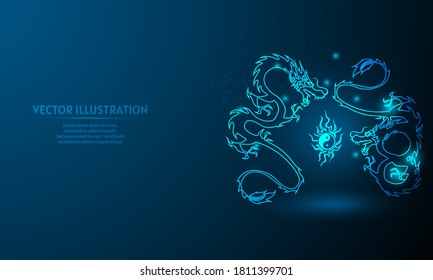 dragon with yin yang on blue abstract background. simple blue background. Starlight background