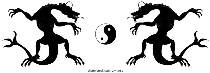 Dragon and Ying - Yang symbol. Vector illustration,black over white background.