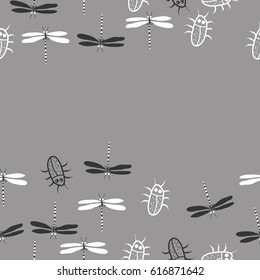  dragonflies, beetles seamless  horizontal  pattern  . Hand drawn.