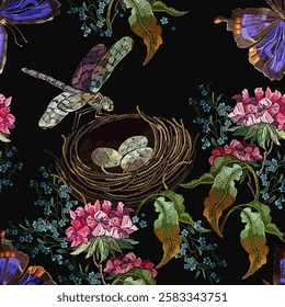 Dragonflies, bird nest and geranium flowers. Spring and summer template for design of clothes and t-shirt design. Embroidery seamless pattern