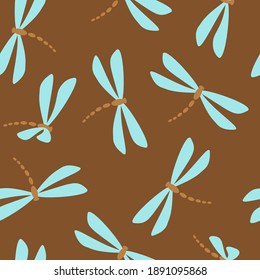 Dragonflies are blue. The background is brown. Vector illustration. For fabric, wallpaper, notebooks, diaries, brochures, books, catalogs, backgrounds, covers, banners, textiles. Scalable to any size.