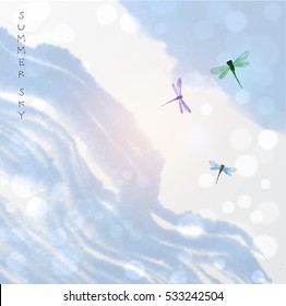 Dragonflies in blue summer sky. Traditional oriental ink painting sumi-e, u-sin, go-hua.