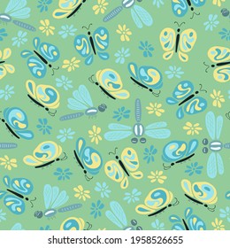 dragonflies and butterflies cartoon vector. spring summer seamless pattern for fabric, textile, paper, print, kids design