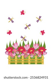 Libélulas e borboletas voejando sobre canteiro de flores com flores sobre fundo branco - cor vertical vetor ilustração para projeto de berçário ou sala de jogos, adesivos, banners, cartões postais