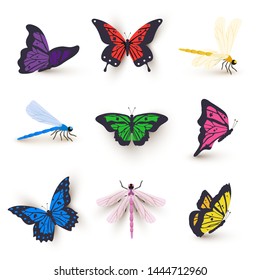 Dragonflies and butterflies illustrations set. Insects with bright color wings vector clipart. Isolated design elements for scrapbook, postcard. Entomology collection. Summer, spring. Wildlife, nature