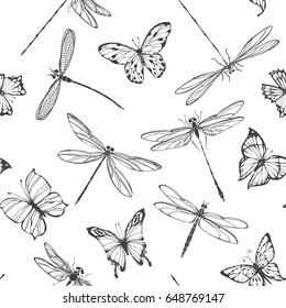 Dragonflies and butterflies. Seamless pattern. Black and white vector illustration.