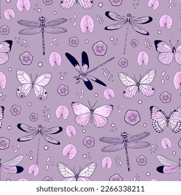  Dragonflies and butterflies seamless pattern with pond leaves and flowers for fabric, stationery or wallpaper.