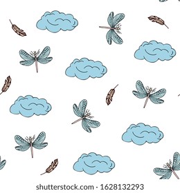Dragonflies, clouds and feathers seamless pattern. Summer air background doodle hand drawing. For wallpaper, print, packaging, fabric.