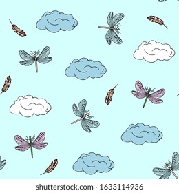 Dragonflies, clouds and feathers seamless pattern. Summer air background doodle hand drawing. For wallpaper, print, packaging, fabric.