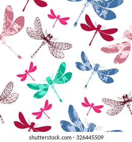 Dragonflies, colorful silhouettes with ebru pattern on white background. Vector seamless pattern