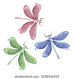 Libélulas de diferentes colores azul, rosa, verde. Insectos voladores con alas. Ilustración vectorial para pegatina o tarjeta con libélulas.