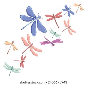 Dragonflies of different sizes and different colors flying in the wind. Vector image for postcard, design, banner, website.
