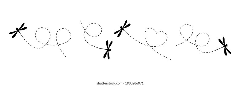 Dragonflies with dotted line route set. Black dragonfly silhouette fling collection. Vector illustration isolated on white