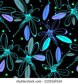Dragonflies in flight with iridescent wings in pink, blue, yellow, green, purple and black colors seamless pattern on white background