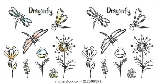 Dragonflies and Flowers Line Art